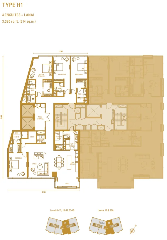 Imperial Residences Type H1 floor plan — 4 ensuites plus lanai, 3,380 sq.ft.