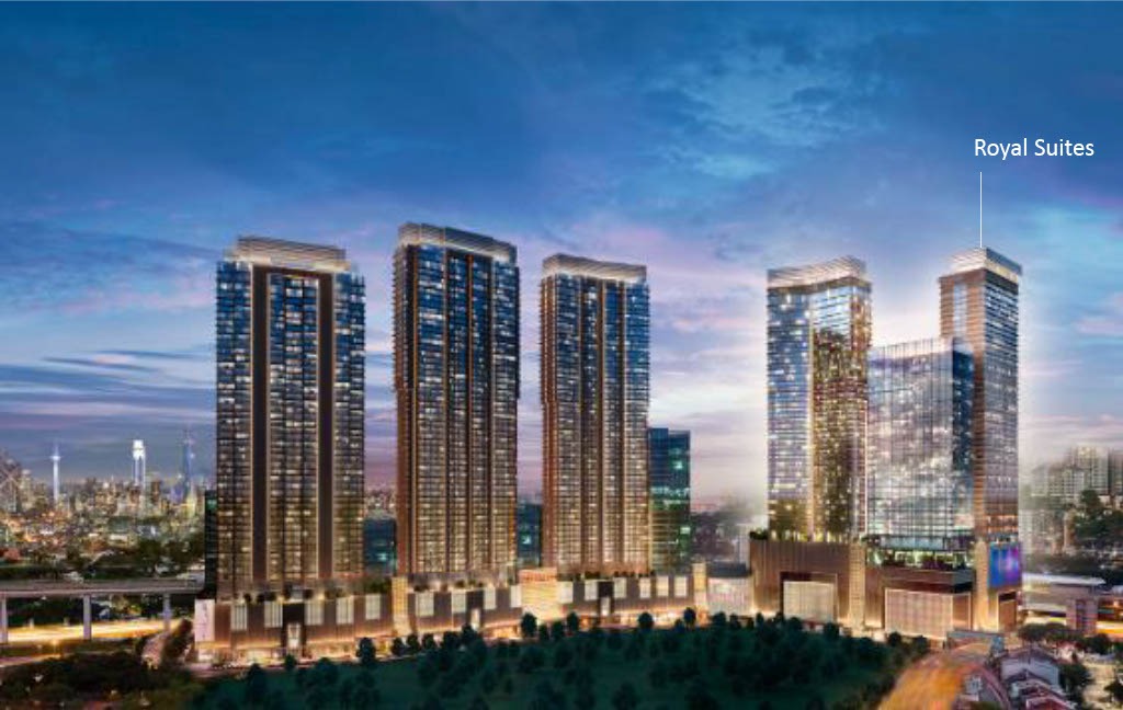 Royal Suites luxury high-rise towers illuminated against the Kuala Lumpur twilight skyline at Pavilion Damansara Heights