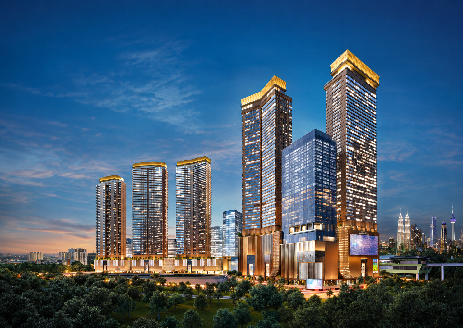 Pavilion Damansara Heights building exterior with illuminated golden tower crowns at dusk