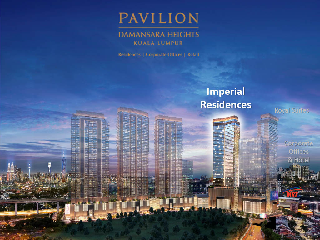 Complete Pavilion Damansara Heights development showing the Imperial Residences, Royal Suites, Corporate Offices & Hotel towers with MRT connectivity, full elevation with podium greenery and surrounding roads