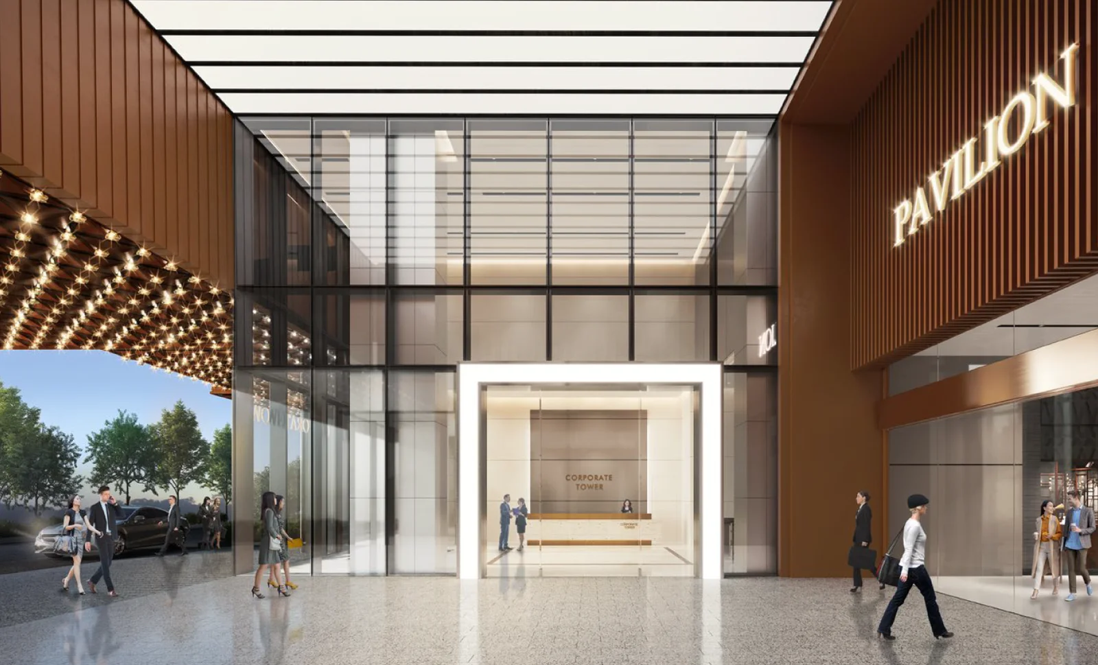 Grand glass entrance and drop-off lobby of the Corporate Suites at Pavilion Damansara Heights